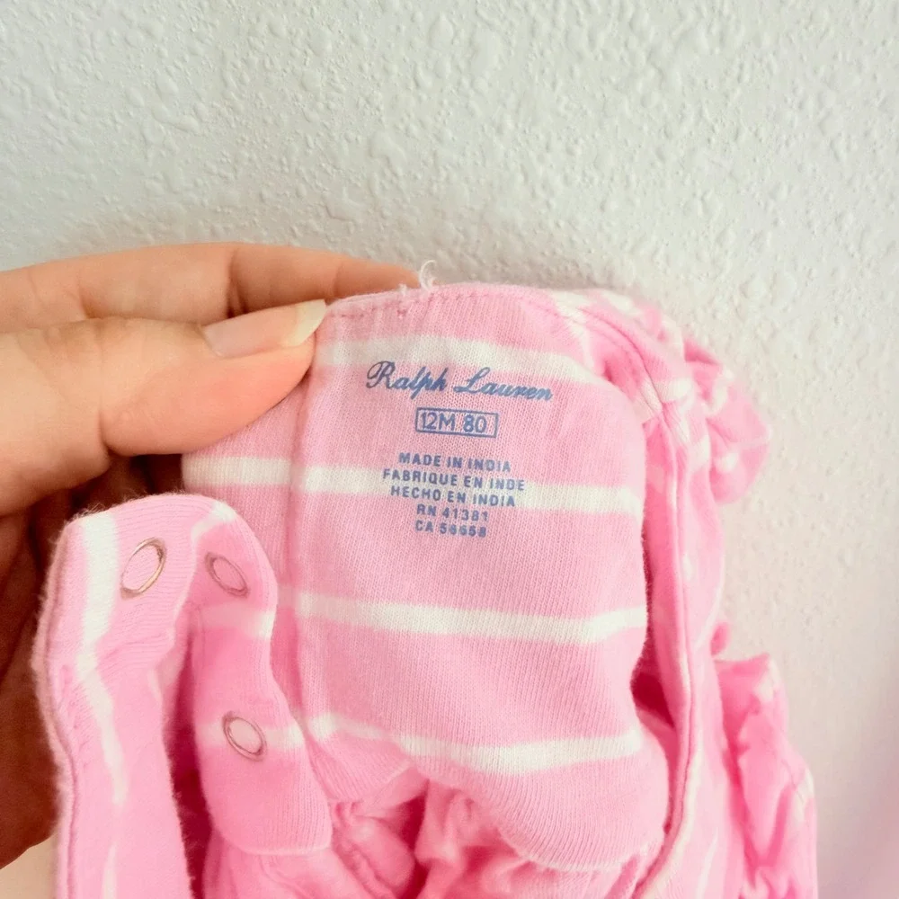 Ralph Lauren Baby Girls Pink White Striped Ruffle Dress & Diaper Cover Set 12M